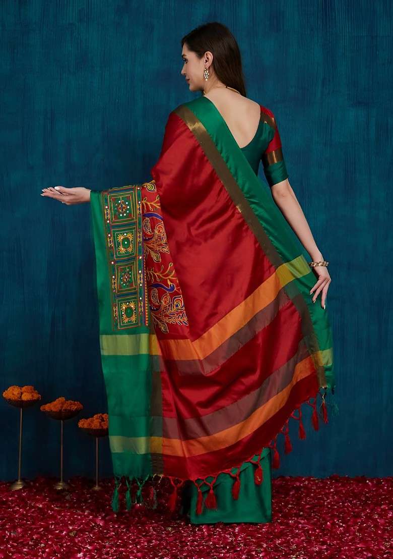 Red Embroidered Blended Saree Set for Diwali and Festive Wear - Indya