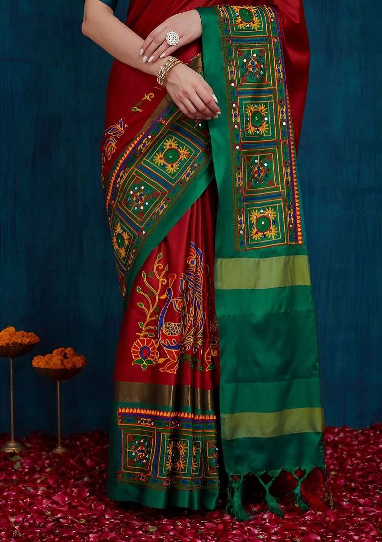 Red Embroidered Blended Saree Set for Diwali and Festive Wear - Indya