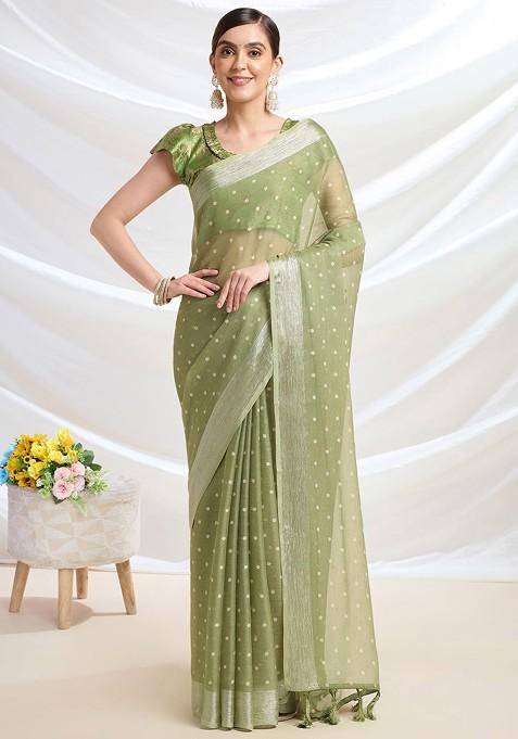 Olive Printed Blended Saree Set