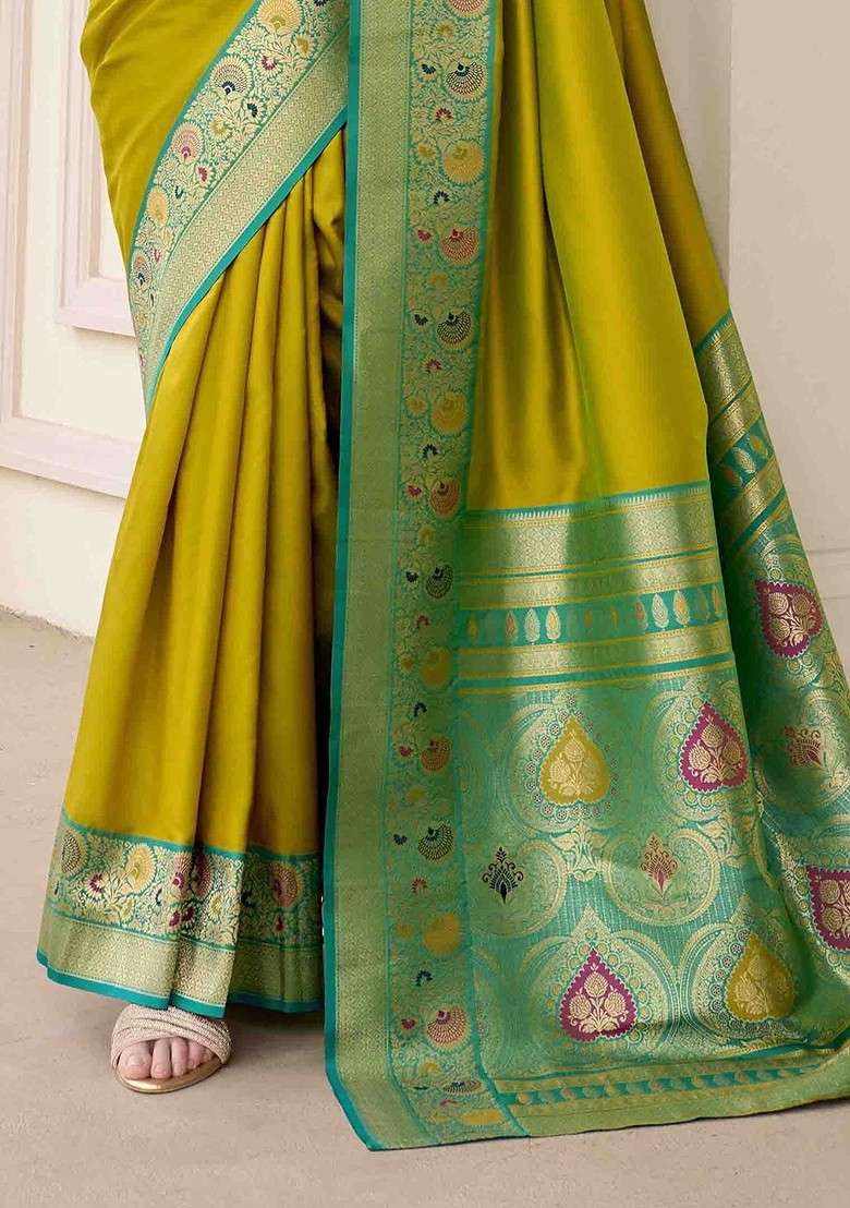 Olive Embroidered Blended Saree Set - Indya
