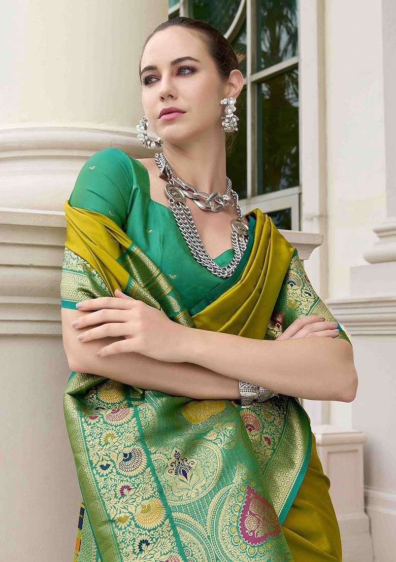 Olive Embroidered Blended Saree Set - Indya