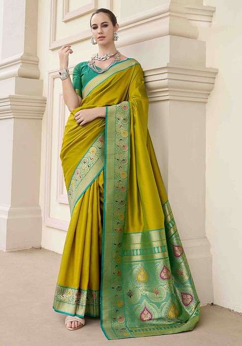 Olive Embroidered Blended Saree Set