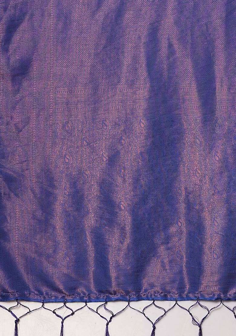 Navy Blue Embroidered Blended Saree Set - Indya