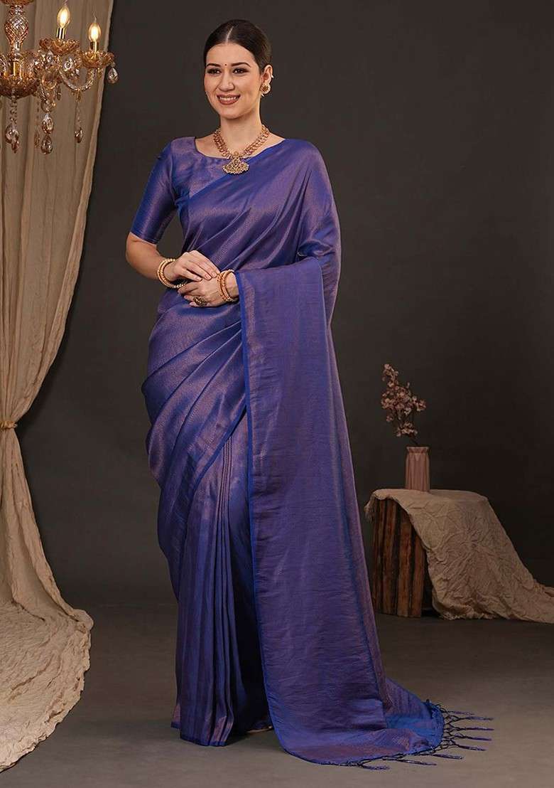 Navy Blue Embroidered Blended Saree Set - Indya