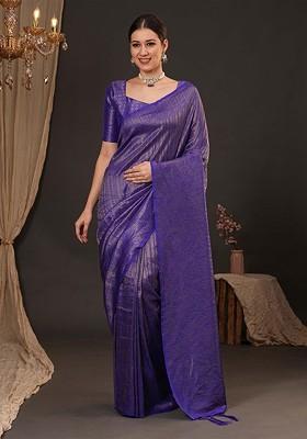 Purple Embroidered Blended Saree Set