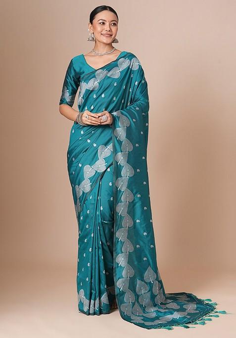 Blue Jacquard Blended Saree Set — view on Indya