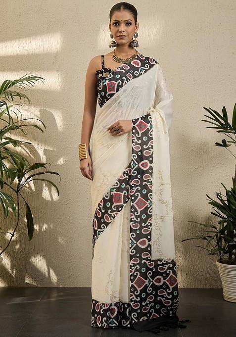Cream Printed Blended Saree Set — view on Indya