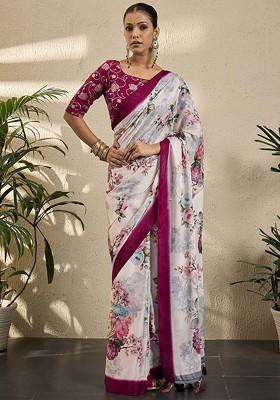 Off White Printed Blended Saree Set