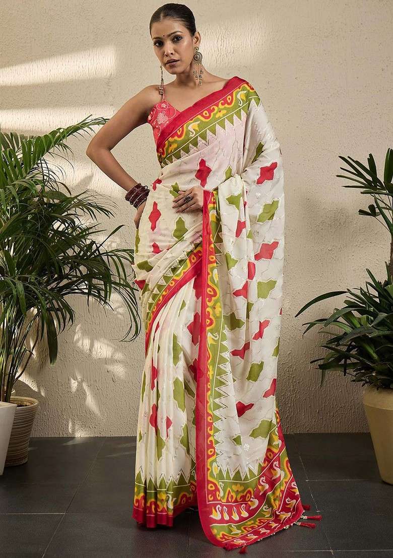 Off White Embroidered Blended Saree Set - Indya