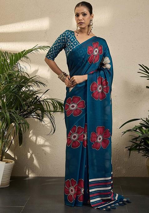 Blue Printed Blended Saree Set