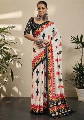 Off White Embroidered Blended Saree Set