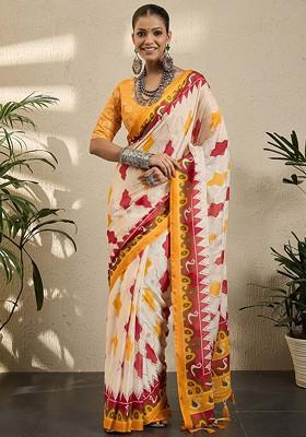 Off White Embroidered Blended Saree Set
