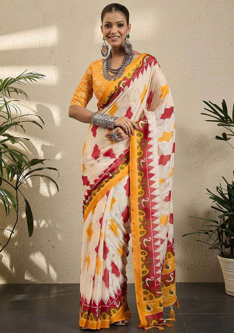 Off White Embroidered Blended Saree Set - Indya