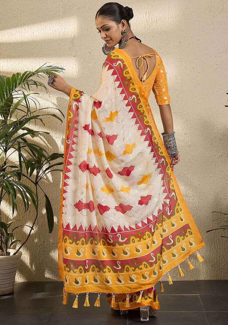 Off White Embroidered Blended Saree Set - Indya