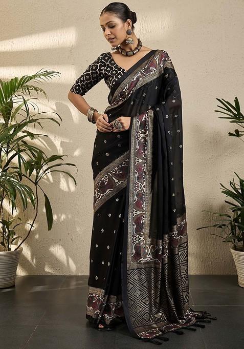Black Jacquard Blended Saree Set — view on Indya