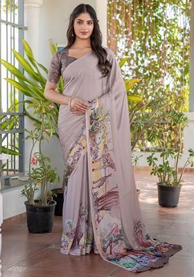 Beige Embroidered Blended Saree Set