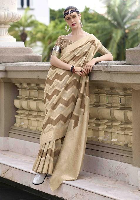 Coffee Brown Embroidered Blended Saree Set — view on Indya
