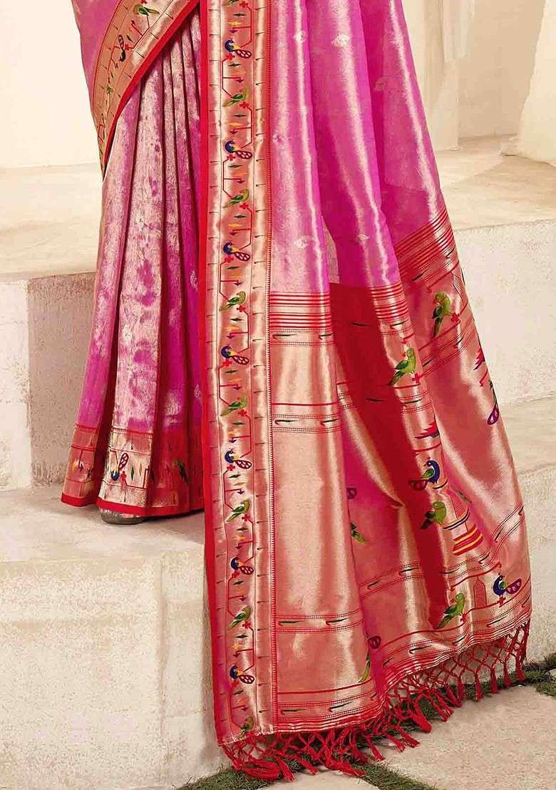 Pink Embroidered Blended Saree Set - Indya