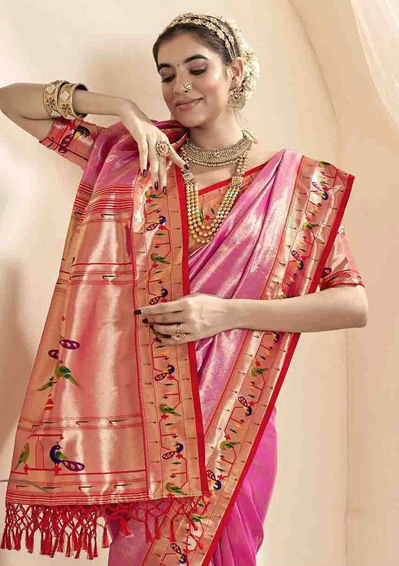 Pink Embroidered Blended Saree Set - Indya