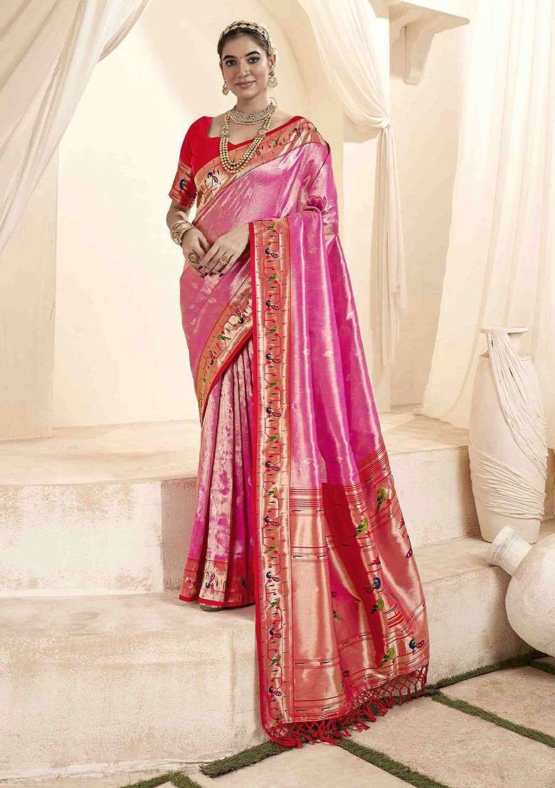 Pink Embroidered Blended Saree Set - Indya
