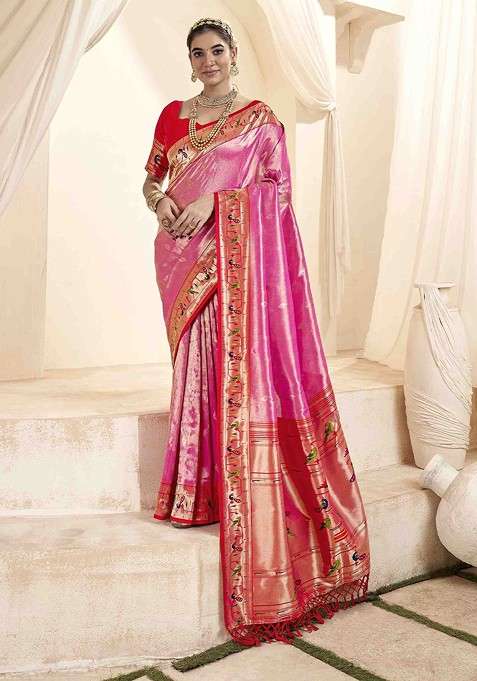 Pink Embroidered Blended Saree Set
