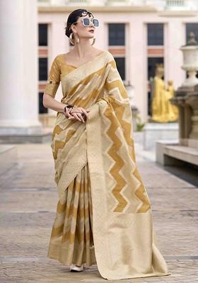 Mustard Embroidered Blended Saree Set