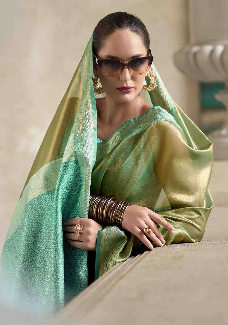 Olive Embroidered Blended Saree Set for Diwali and Festive Wear - Indya