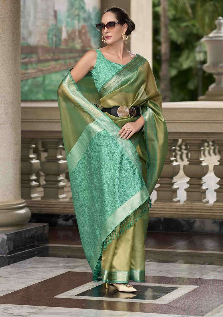 Olive Embroidered Blended Saree Set for Diwali and Festive Wear - Indya