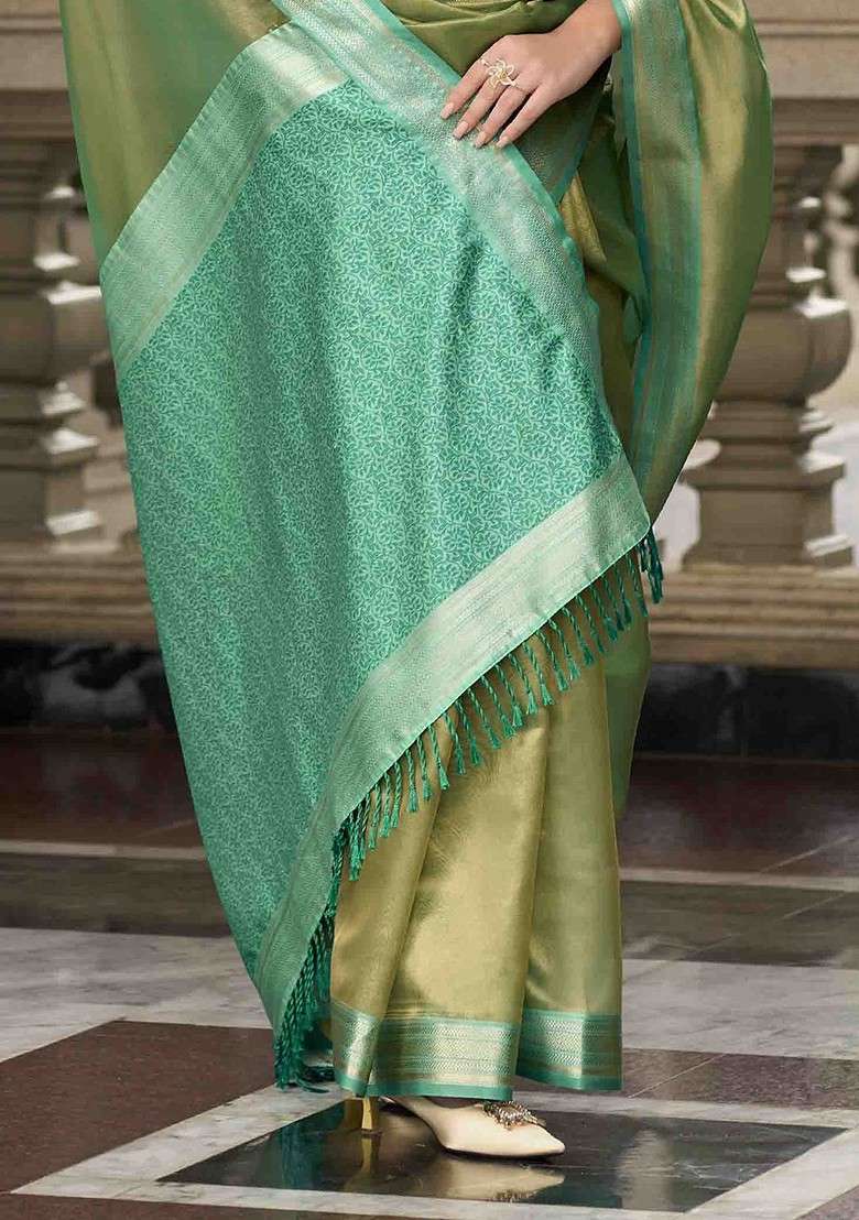 Olive Embroidered Blended Saree Set for Diwali and Festive Wear - Indya