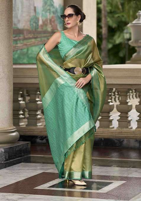Olive Embroidered Blended Saree Set for Diwali and Festive Wear