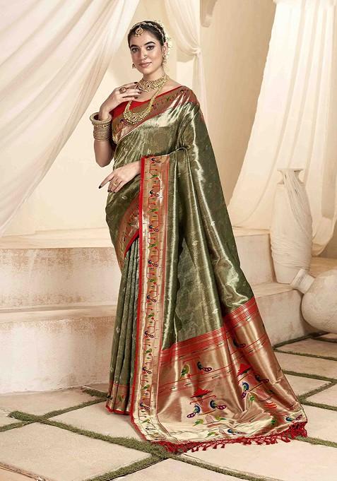 Green Embroidered Blended Saree Set