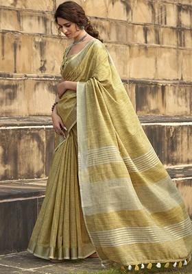 Mustard Embroidered Blended Saree Set