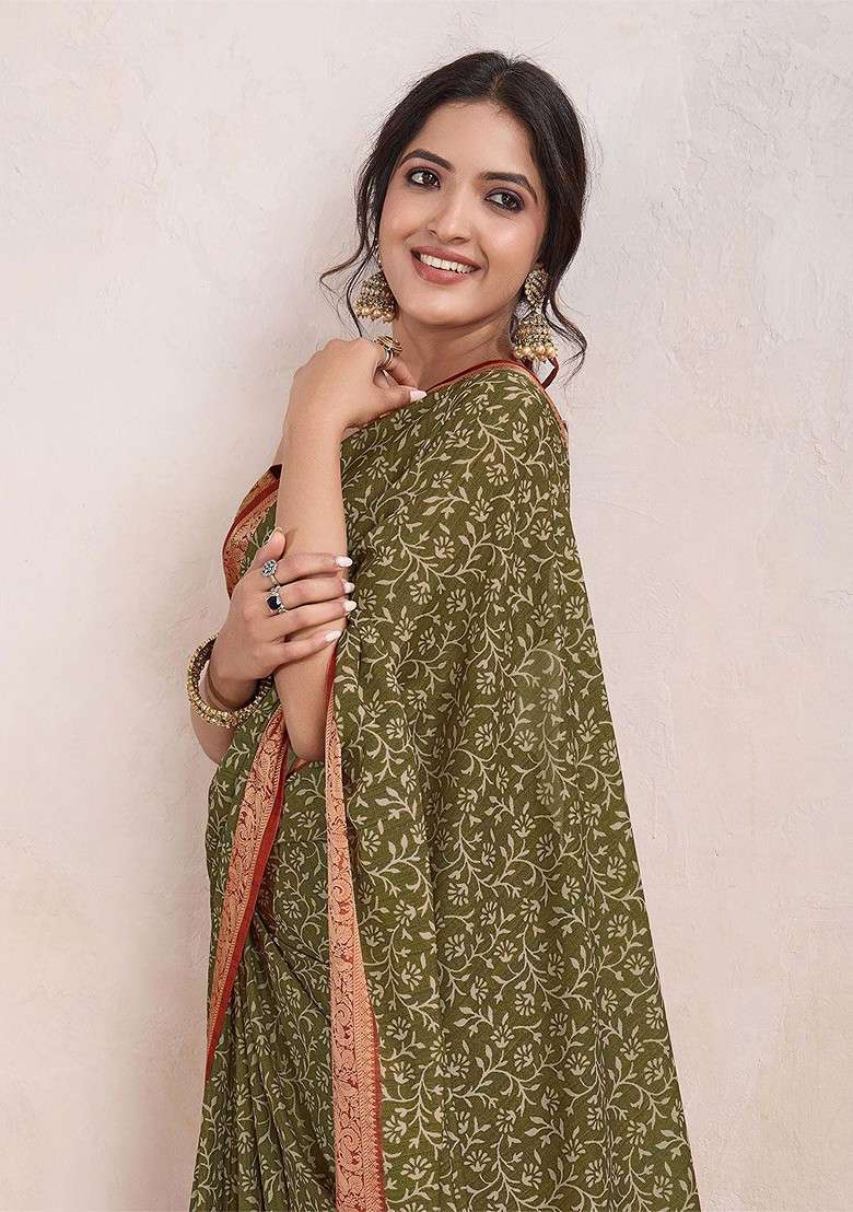 Olive Embroidered Blended Saree Set for Diwali and Festive Wear - Indya