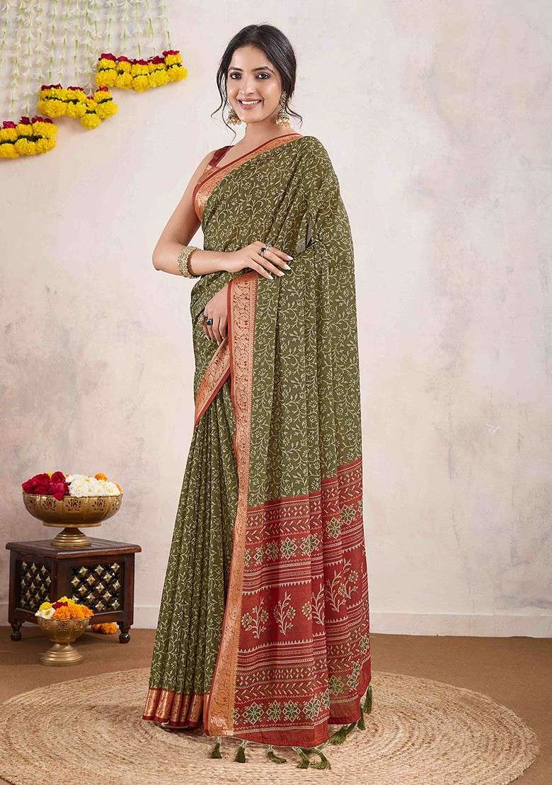 Olive Embroidered Blended Saree Set for Diwali and Festive Wear - Indya