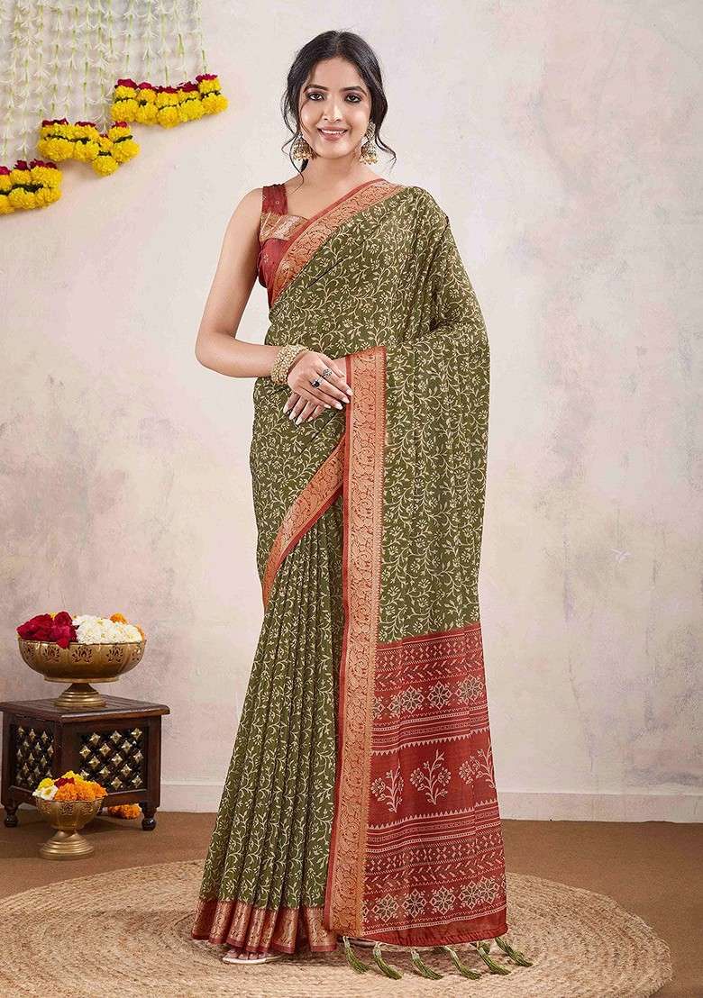 Olive Embroidered Blended Saree Set for Diwali and Festive Wear - Indya