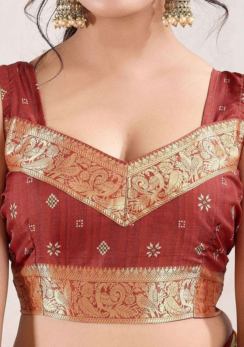 Olive Embroidered Blended Saree Set for Diwali and Festive Wear - Indya