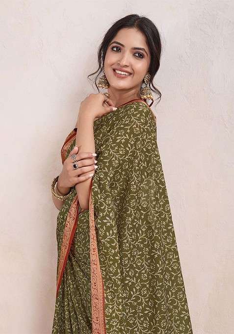 Olive Embroidered Blended Saree Set for Diwali and Festive Wear