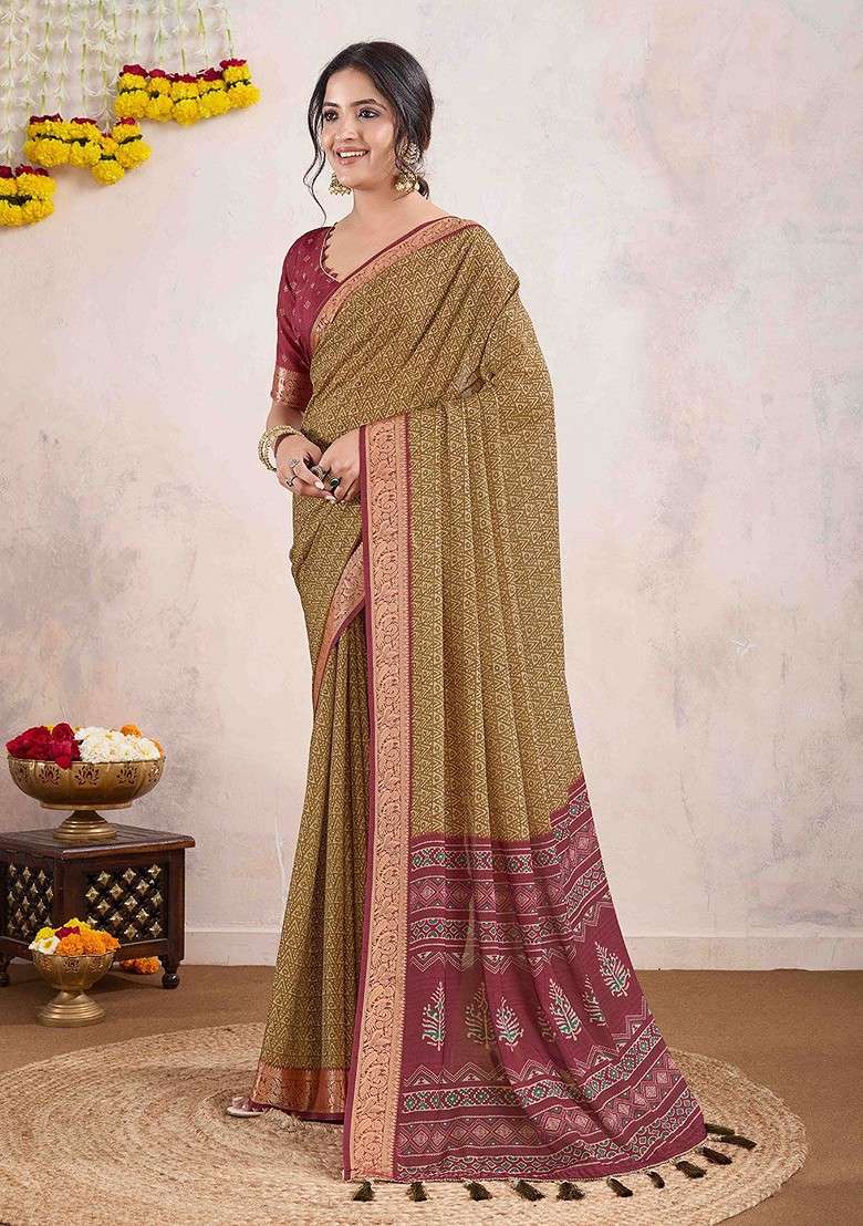 Gold Blended Saree Set with Embroidered for Diwali | Wedding & Festive Wear - Indya