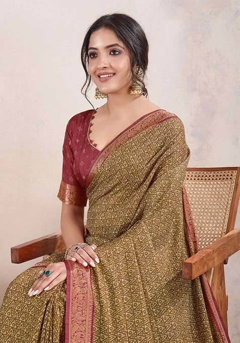 Gold Blended Saree Set with Embroidered for Diwali | Wedding & Festive Wear