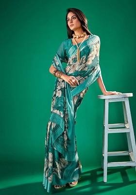 Turquoise Blue Printed Blended Saree Set