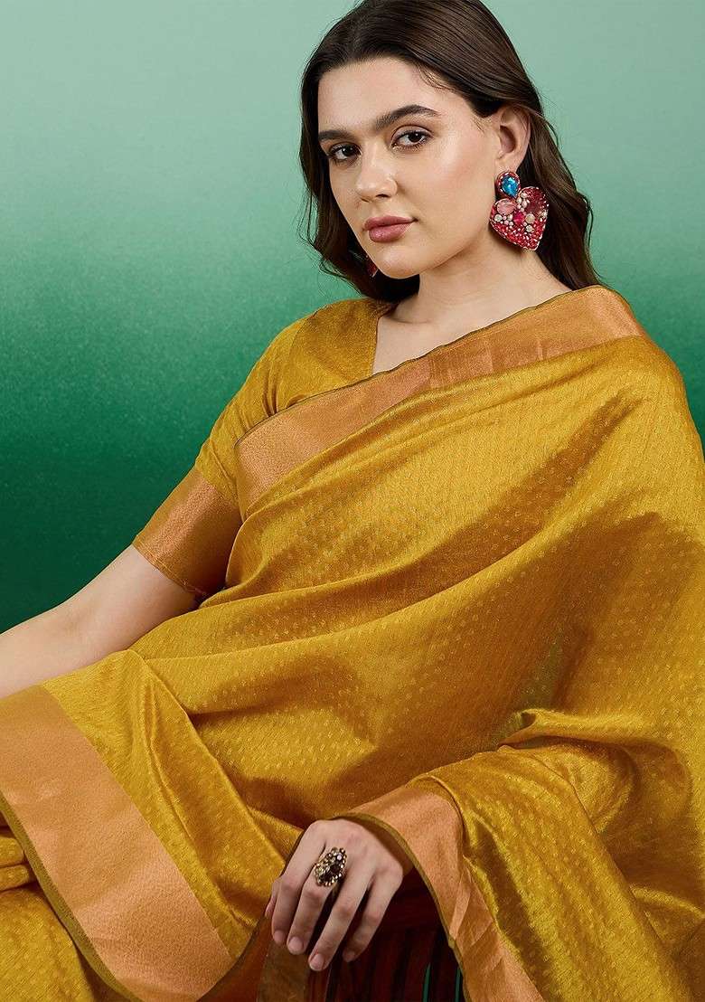 Gold Blended Saree Set with Embroidered for Diwali | Wedding & Festive Wear - Indya