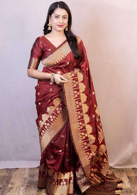 Maroon Jacquard Blended Saree Set for Diwali and Festive Wear