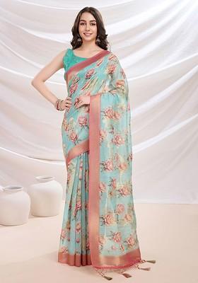 Turquoise Blue Printed Blended Saree Set