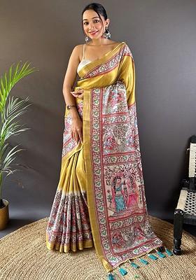 Mustard Embroidered Blended Saree Set