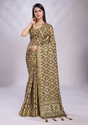 Mustard Embroidered Blended Saree Set