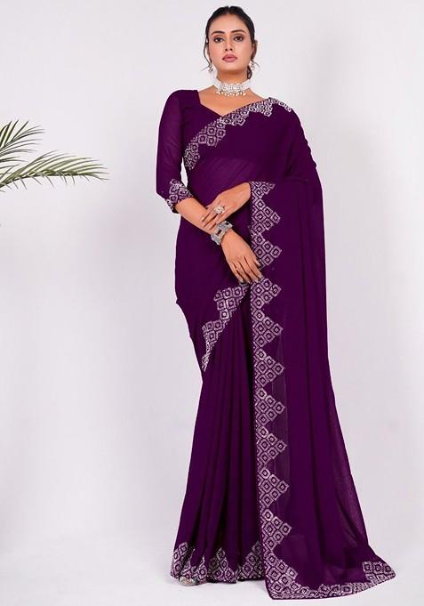 Violet Embellished Blended Saree Set — view on Indya