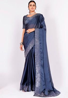 Navy Blue Embellished Blended Saree Set