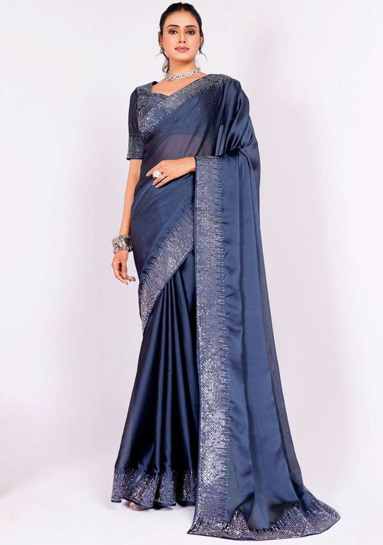 Navy Blue Embellished Blended Saree Set - Indya