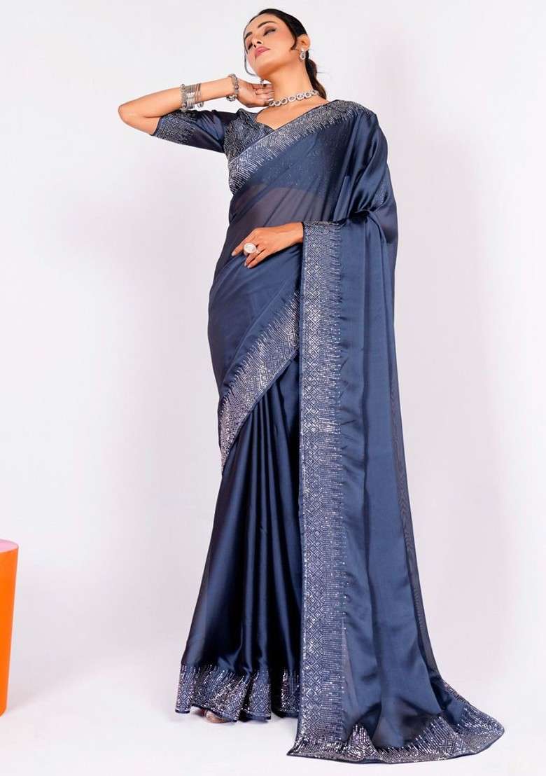 Navy Blue Embellished Blended Saree Set - Indya