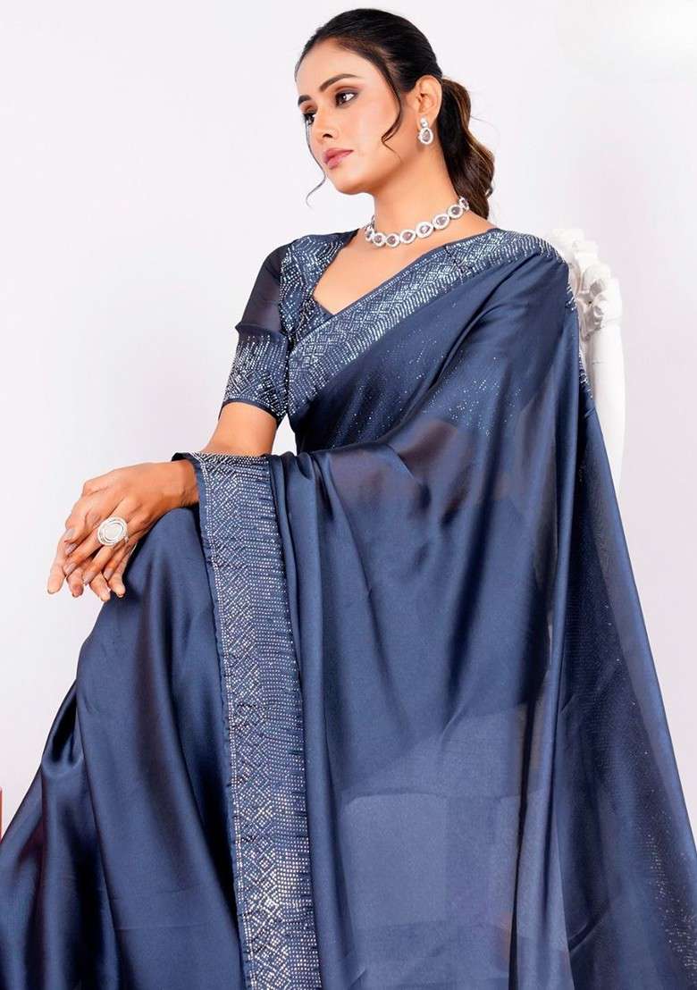 Navy Blue Embellished Blended Saree Set - Indya